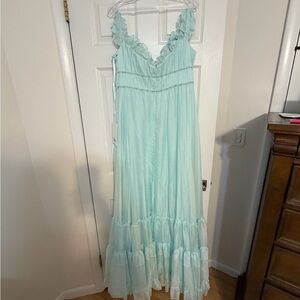 Mac Duggal Light Blue/Aqua Maxi Dress with Ruffle Accents